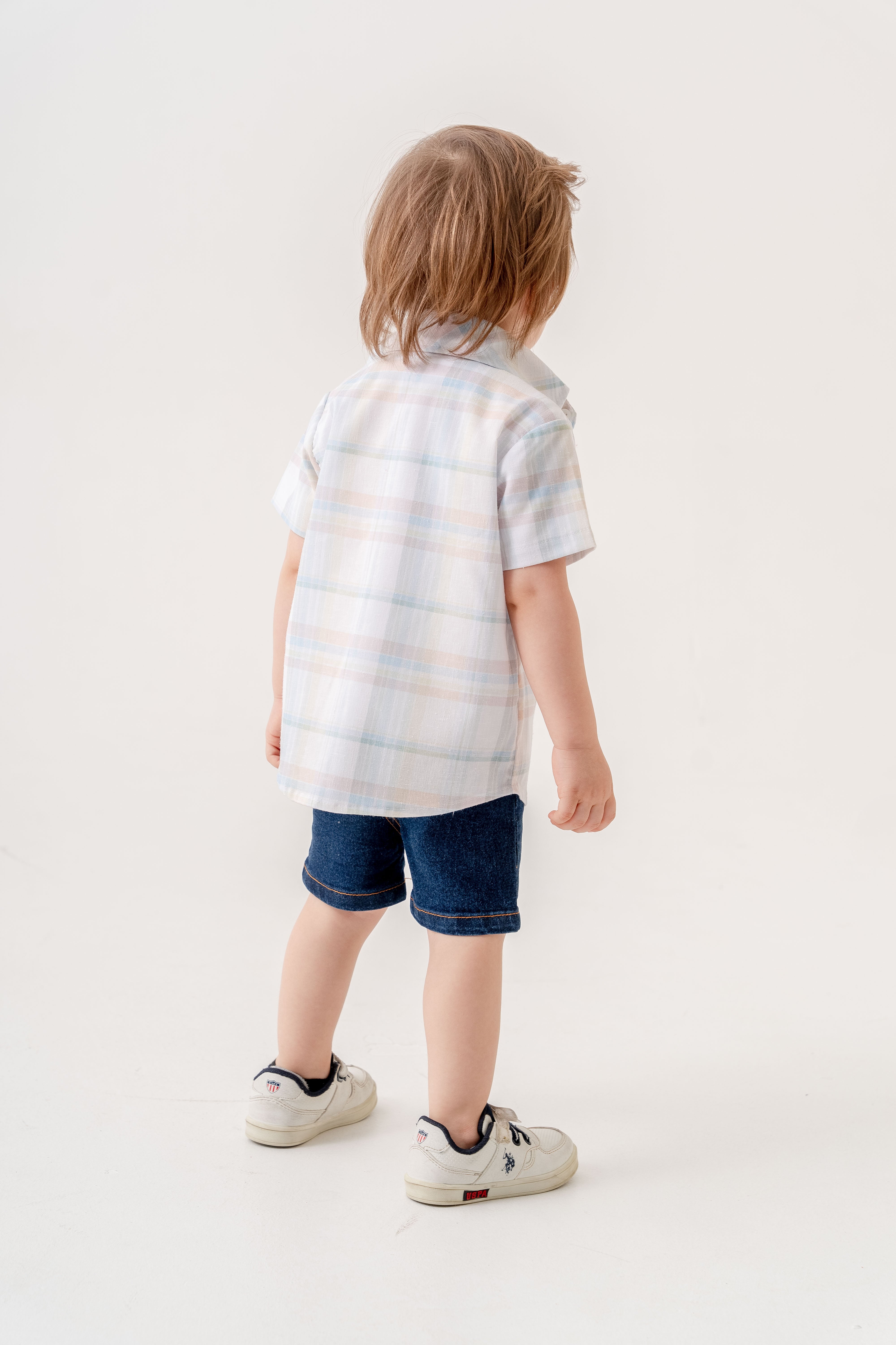 Erkek Bebek Kareli Gömlekli Denim Şortlu 3 Parça Yazlık Takım 9-24 Ay